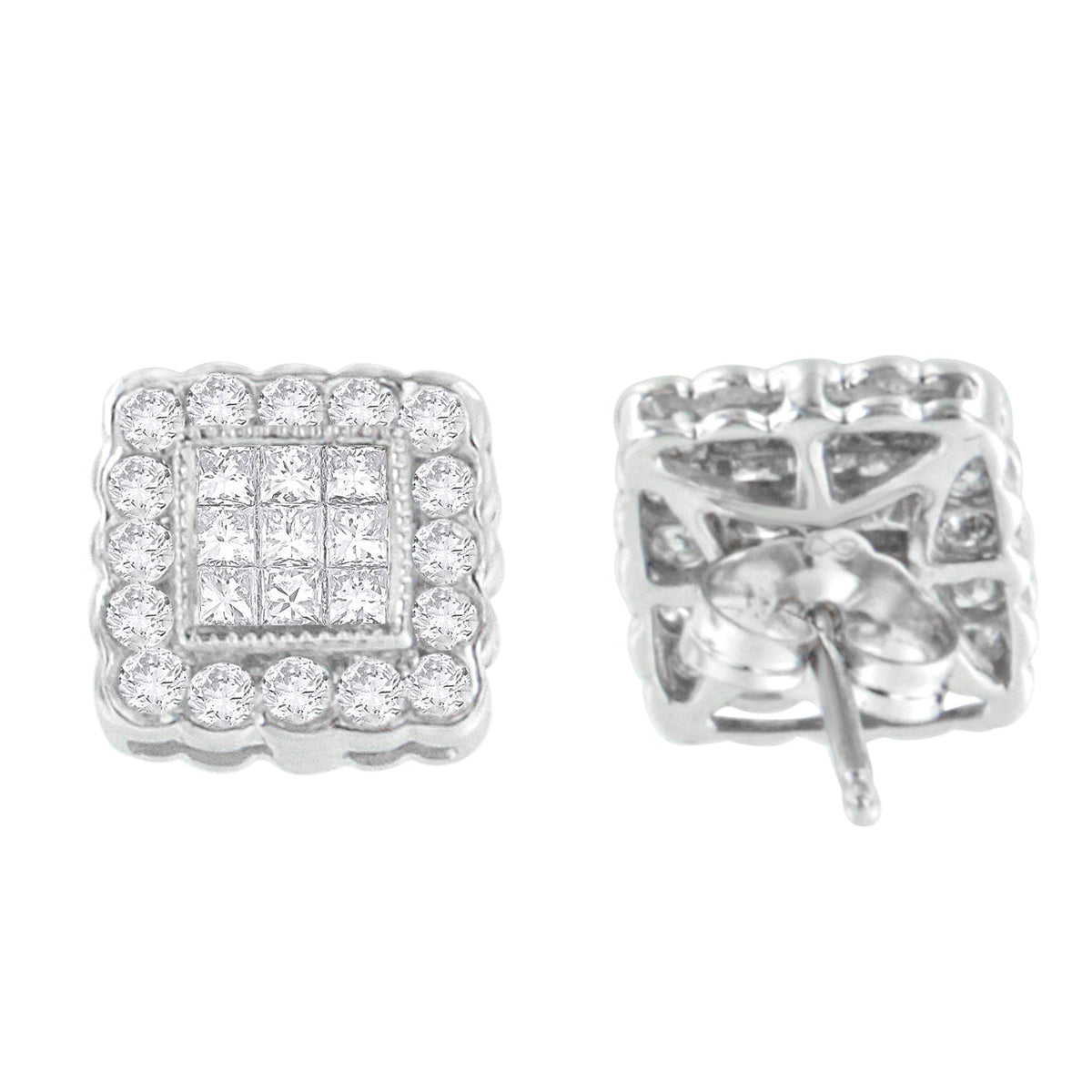 14K White Gold 1.0 Cttw Round Brilliant &amp; Princess Cut Diamond Scallop-Edge Framed Square Halo Stud Earrings (G-H Color, SI1-SI2 Clarity) - LinkagejewelrydesignLinkagejewelrydesign