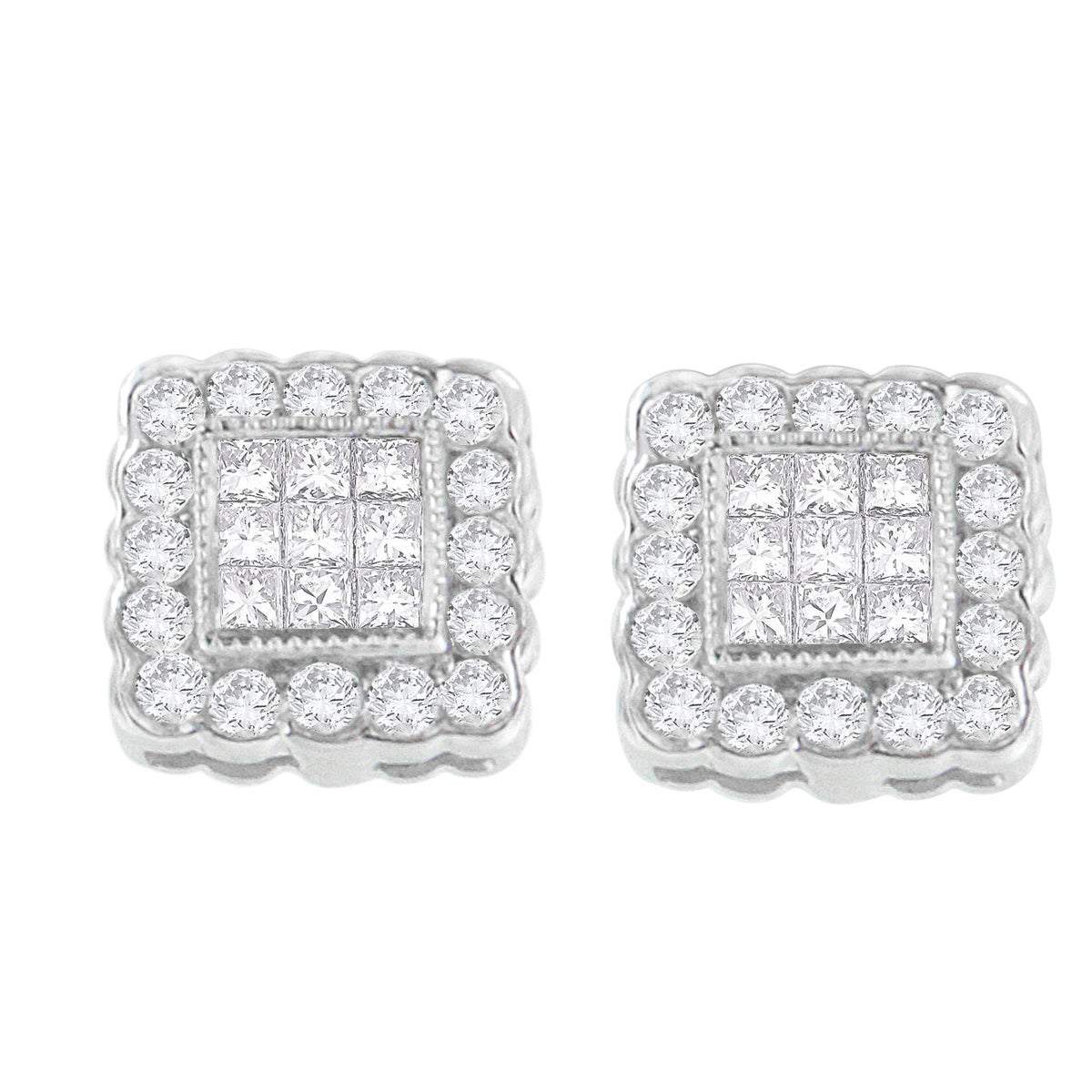 14K White Gold 1.0 Cttw Round Brilliant &amp; Princess Cut Diamond Scallop-Edge Framed Square Halo Stud Earrings (G-H Color, SI1-SI2 Clarity) - LinkagejewelrydesignLinkagejewelrydesign