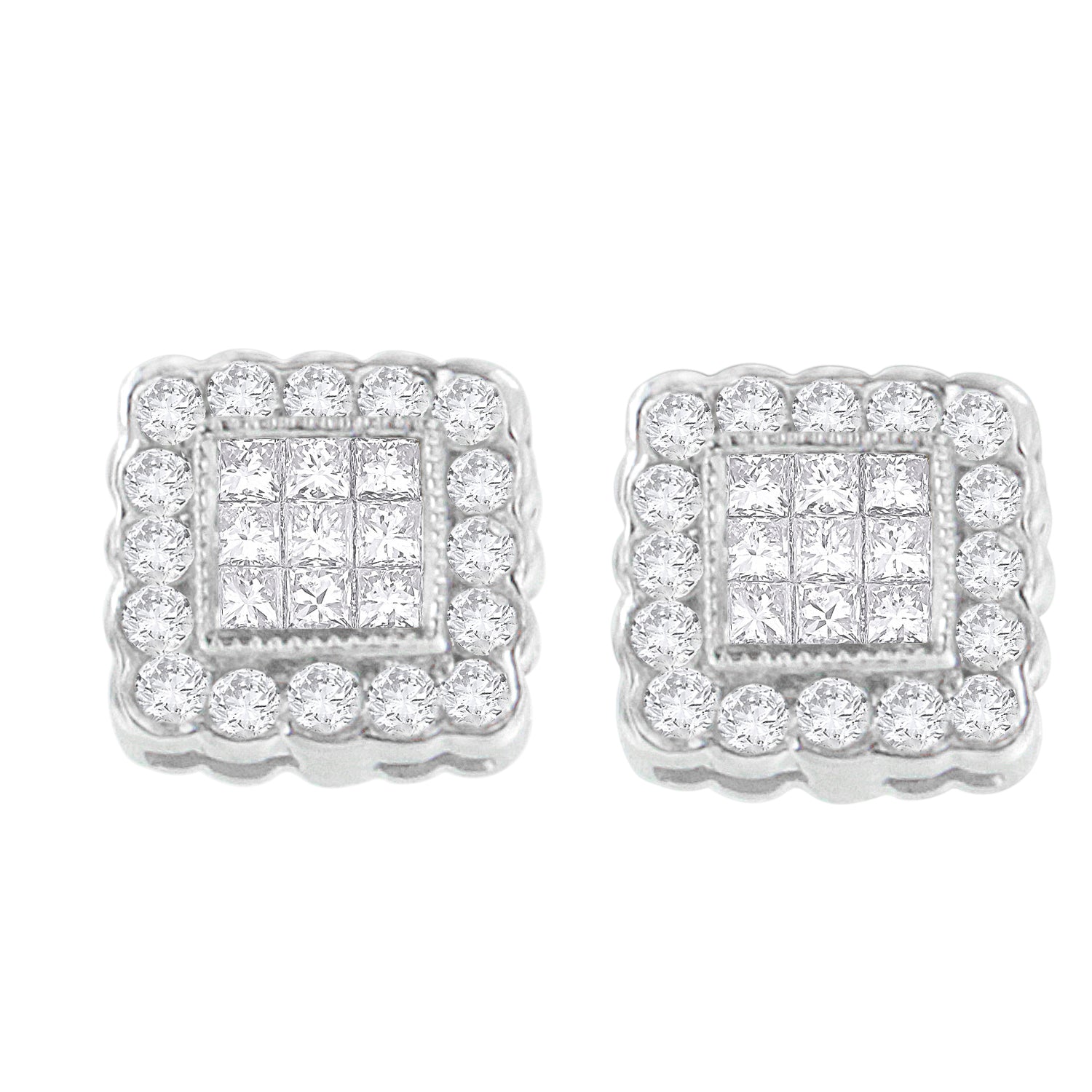 14K White Gold 1.0 Cttw Round Brilliant & Princess Cut Diamond Scallop-Edge Framed Square Halo Stud Earrings (G-H Color, SI1-SI2 Clarity) - LinkagejewelrydesignLinkagejewelrydesign