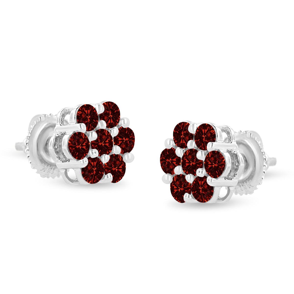 14K White Gold 1.0 Cttw Treated Red Diamond Prong Set 7 Stone Floral Stud Earrings (Treated Red Color, SI2-I1 Clarity) - LinkagejewelrydesignLinkagejewelrydesign