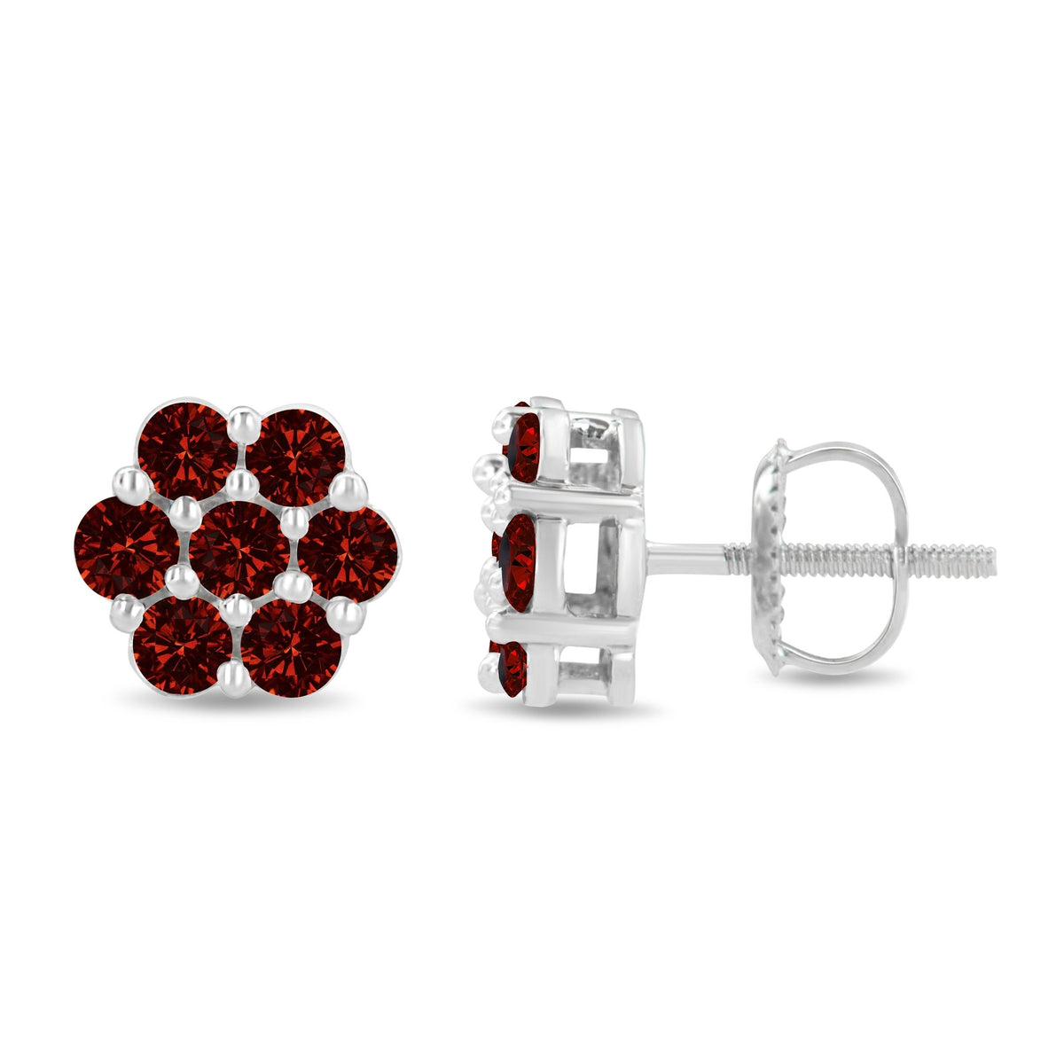 14K White Gold 1.0 Cttw Treated Red Diamond Prong Set 7 Stone Floral Stud Earrings (Treated Red Color, SI2-I1 Clarity) - LinkagejewelrydesignLinkagejewelrydesign