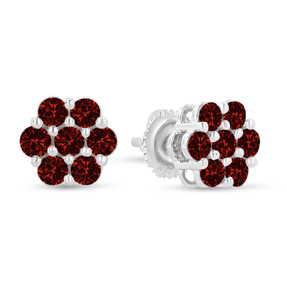 14K White Gold 1.0 Cttw Treated Red Diamond Prong Set 7 Stone Floral Stud Earrings (Treated Red Color, SI2-I1 Clarity) - LinkagejewelrydesignLinkagejewelrydesign