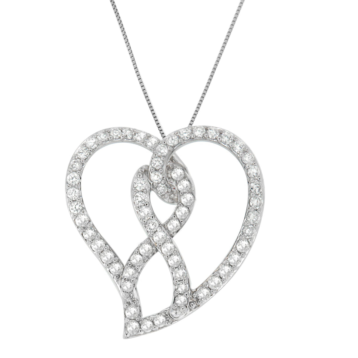 14K White Gold 1.0 Cttw White Diamond Awareness Ribbon &amp; Open Heart 18&quot; Pendant Necklace (H-I Color, I1-I2 Clarity) - White Diamond Ribbon - LinkagejewelrydesignLinkagejewelrydesign