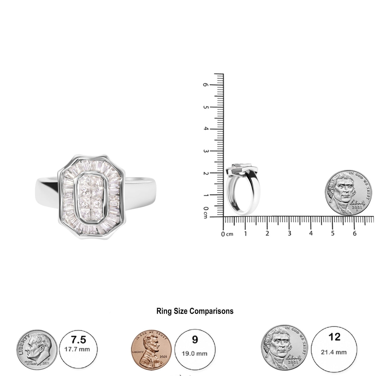 14K White Gold 1.00 Cttw Baguette and Princess-Cut Diamond Cocktail Art Deco Style Ring (H-I Color, SI1-SI2 Clarity) - Size 7 - LinkagejewelrydesignLinkagejewelrydesign