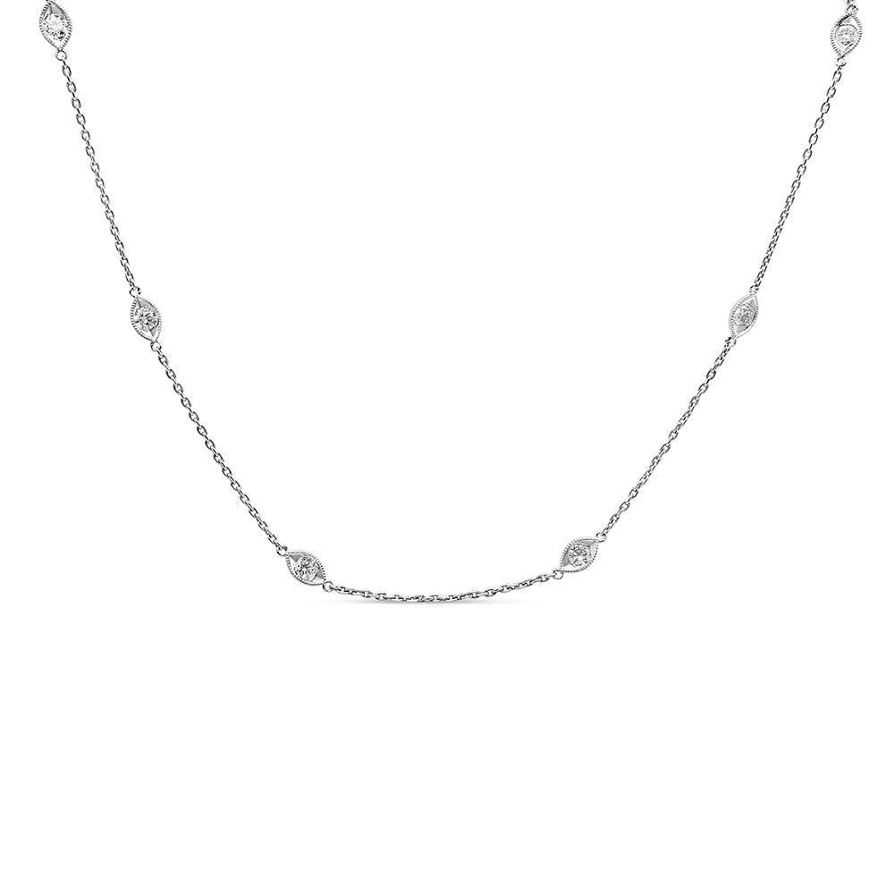 14K White Gold 1.00 Cttw Bezel Set Round Diamond Marquise Shaped Milgrain Station 18&quot; Collar Necklace (G-H Color, SI1-SI2 Clarity) - LinkagejewelrydesignLinkagejewelrydesign