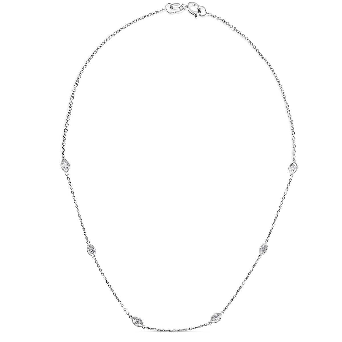 14K White Gold 1.00 Cttw Bezel Set Round Diamond Marquise Shaped Milgrain Station 18&quot; Collar Necklace (G-H Color, SI1-SI2 Clarity) - LinkagejewelrydesignLinkagejewelrydesign