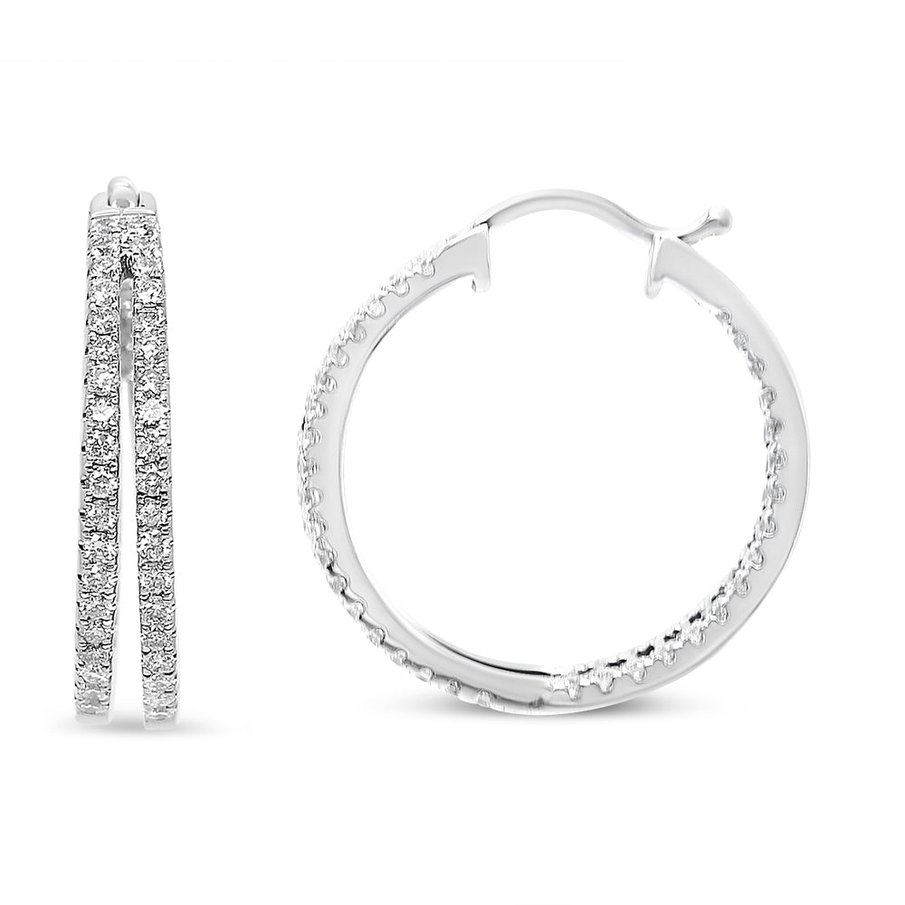 14K White Gold 1.00 Cttw Diamond Inside Out Double Row Split Criss Cross 3/4&quot; Inch Hoop Earrings (F-G Color, SI1-SI2 Clarity) - LinkagejewelrydesignLinkagejewelrydesign