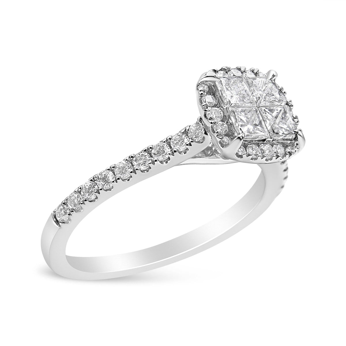 14K White Gold 1.00 Cttw Invisible Set Princess Diamond Composite Cushion Shaped Engagement Ring (H-I Color, I1-I2 Clarity) - Size 7 - LinkagejewelrydesignLinkagejewelrydesign