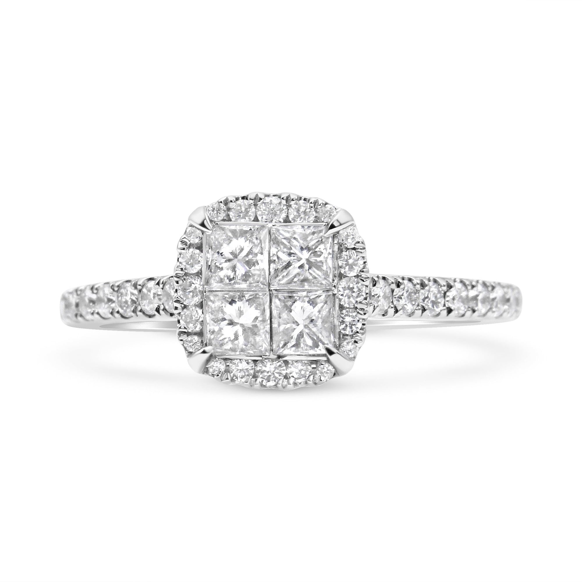14K White Gold 1.00 Cttw Invisible Set Princess Diamond Composite Cushion Shaped Engagement Ring (H-I Color, I1-I2 Clarity) - Size 7 - LinkagejewelrydesignLinkagejewelrydesign