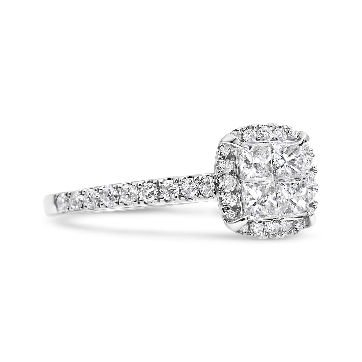 14K White Gold 1.00 Cttw Invisible Set Princess Diamond Composite Cushion Shaped Engagement Ring (H-I Color, I1-I2 Clarity) - Size 7 - LinkagejewelrydesignLinkagejewelrydesign