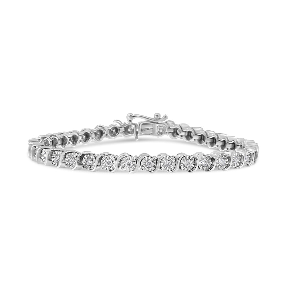 14K White Gold 1.00 Cttw Lab Grown Diamond Round Miracle Plate and "S" Link Tennis Bracelet (F-G Color, VS2-SI1 Clarity) Size 7" - LinkagejewelrydesignLinkagejewelrydesign