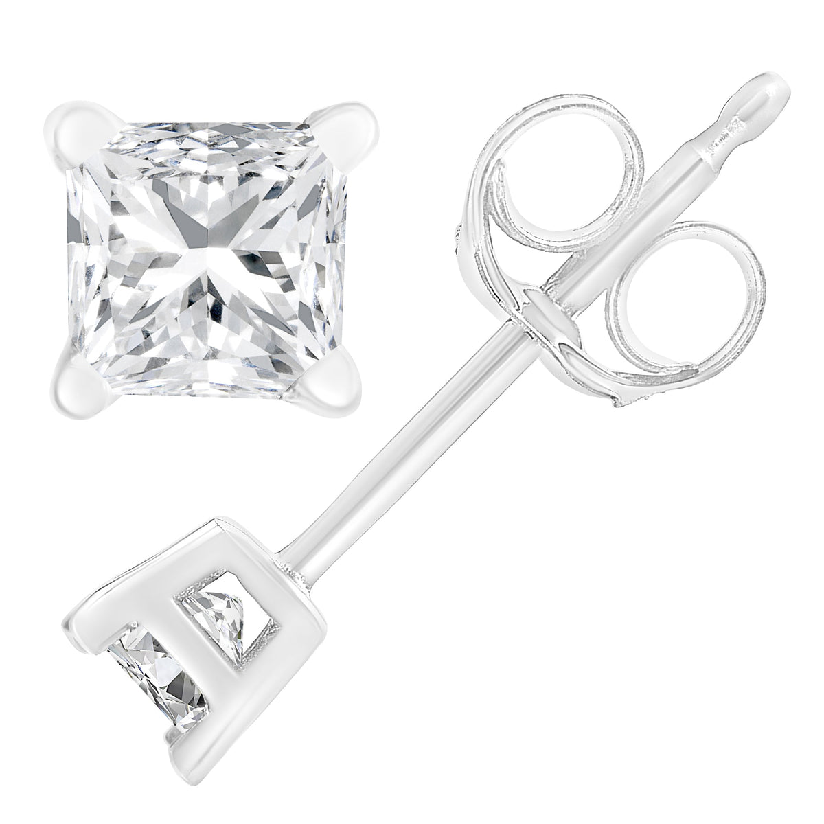 14K White Gold 1.00 Cttw Princess-Cut Square Near Colorless Diamond Classic 4-Prong Solitaire Stud Earrings (J-K Color, I1-I2 Clarity) - LinkagejewelrydesignLinkagejewelrydesign
