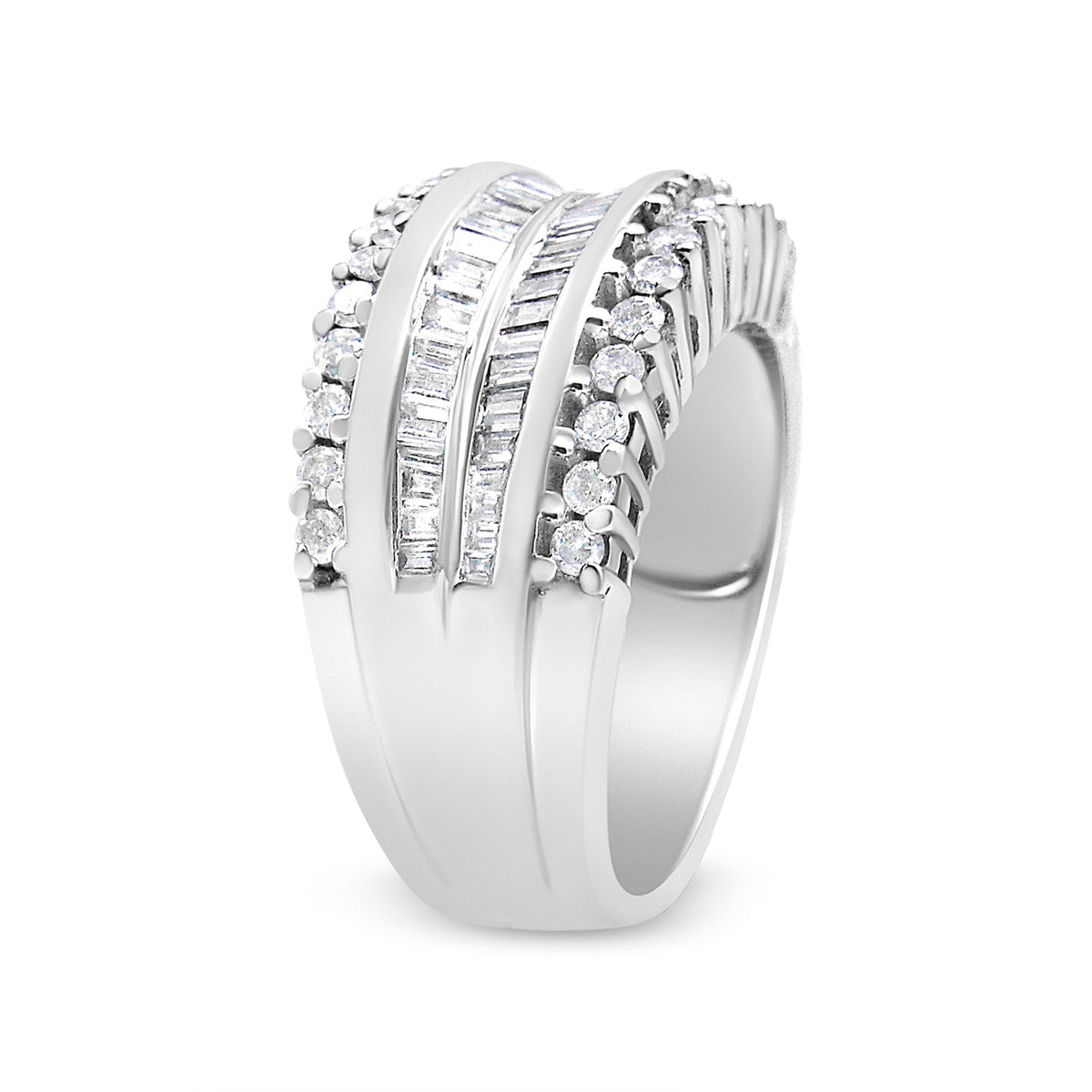 14K White Gold 1.00 Cttw Round and Baguette-Cut Diamond Modern Band Ring (H-I Color, SI2-I1 Clarity) - Ring Size 7 - LinkagejewelrydesignLinkagejewelrydesign