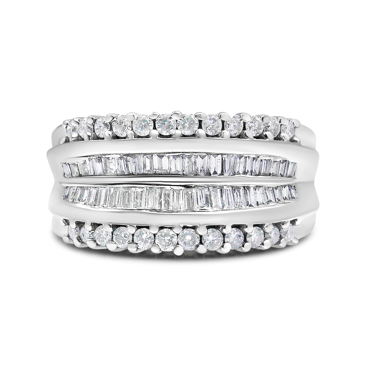 14K White Gold 1.00 Cttw Round and Baguette-Cut Diamond Modern Band Ring (H-I Color, SI2-I1 Clarity) - Ring Size 7 - LinkagejewelrydesignLinkagejewelrydesign