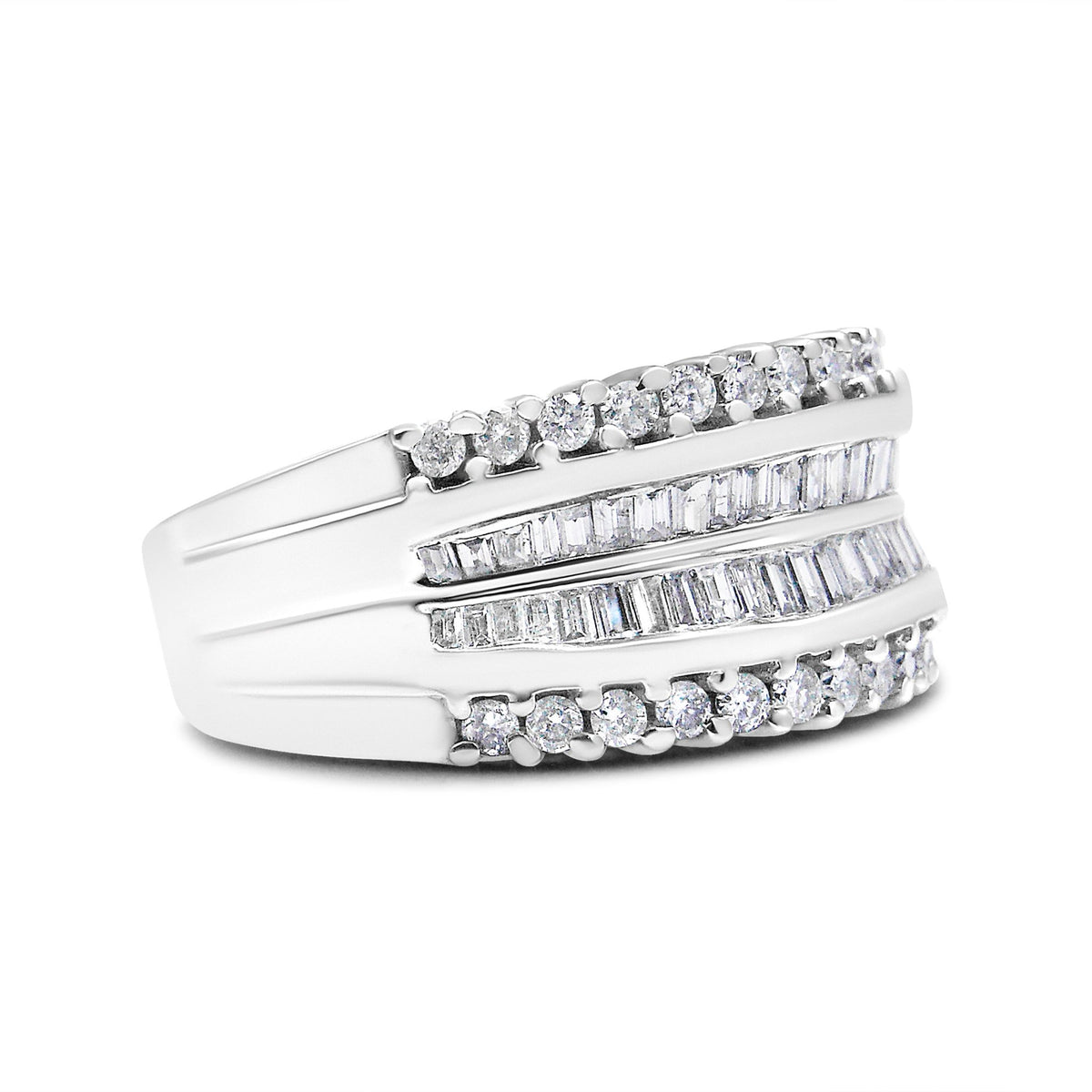 14K White Gold 1.00 Cttw Round and Baguette-Cut Diamond Modern Band Ring (H-I Color, SI2-I1 Clarity) - Ring Size 7 - LinkagejewelrydesignLinkagejewelrydesign