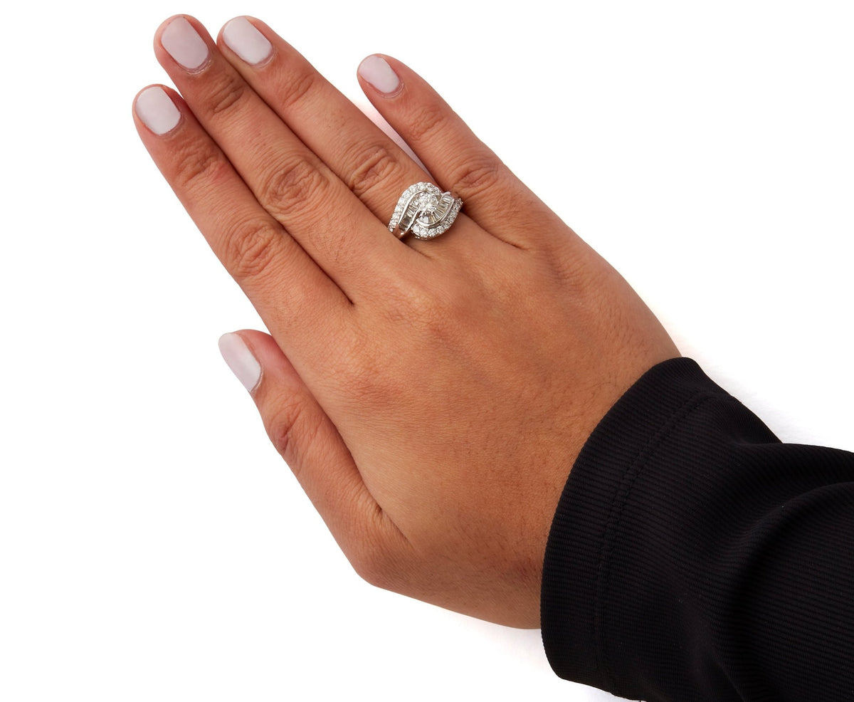 14K White Gold 1.00 Cttw Round and Baguette cut Diamond Swirl Cocktail Ring (H-I Color, SI2-I1 Clarity) - Ring Size 7 - LinkagejewelrydesignLinkagejewelrydesign