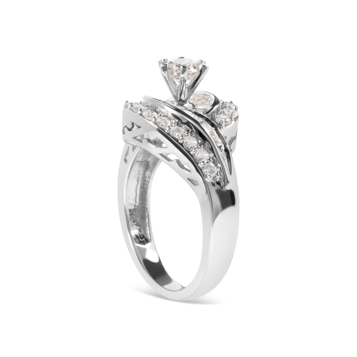 14K White Gold 1.00 Cttw Round and Baguette cut Diamond Swirl Cocktail Ring (H-I Color, SI2-I1 Clarity) - Ring Size 7 - LinkagejewelrydesignLinkagejewelrydesign