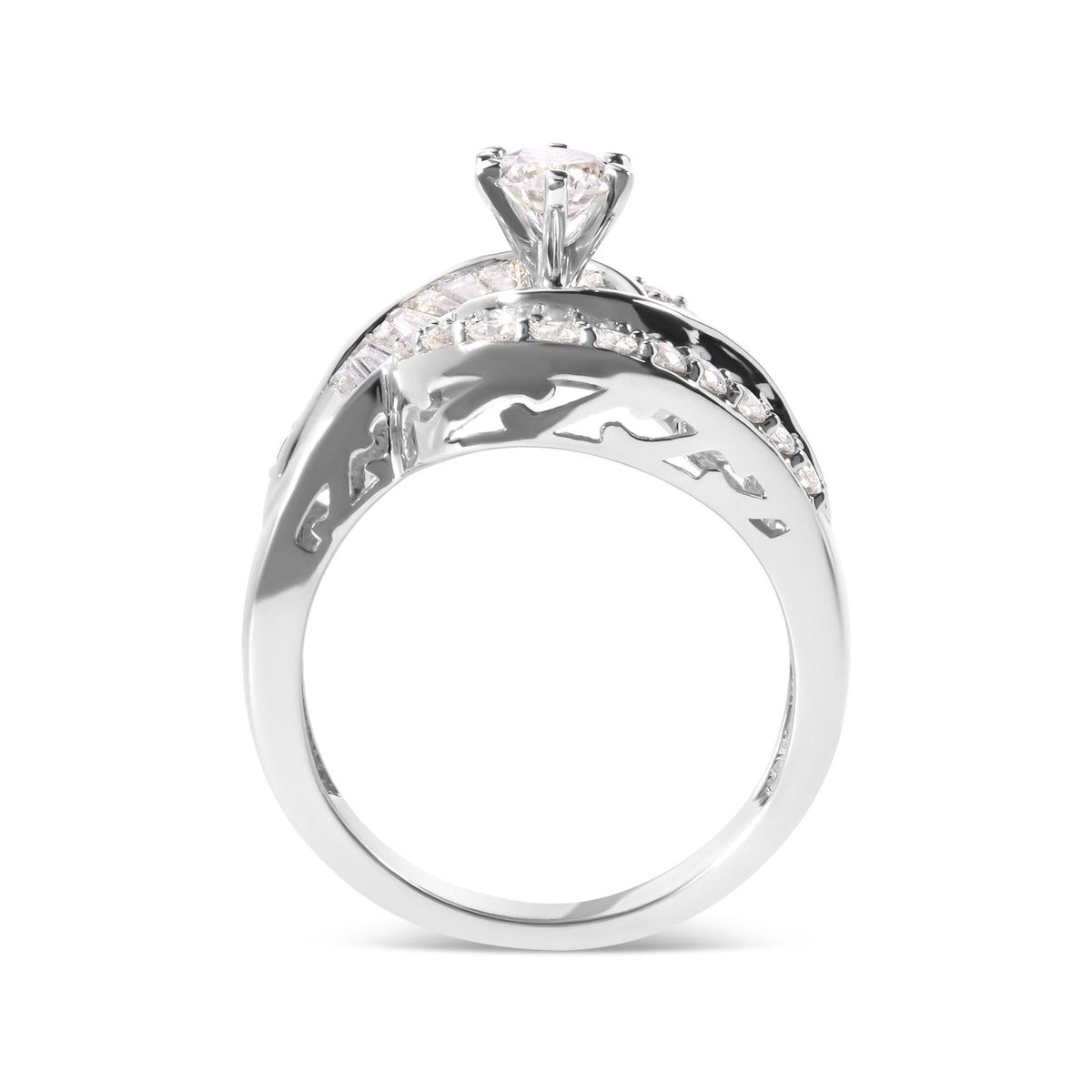 14K White Gold 1.00 Cttw Round and Baguette cut Diamond Swirl Cocktail Ring (H-I Color, SI2-I1 Clarity) - Ring Size 7 - LinkagejewelrydesignLinkagejewelrydesign