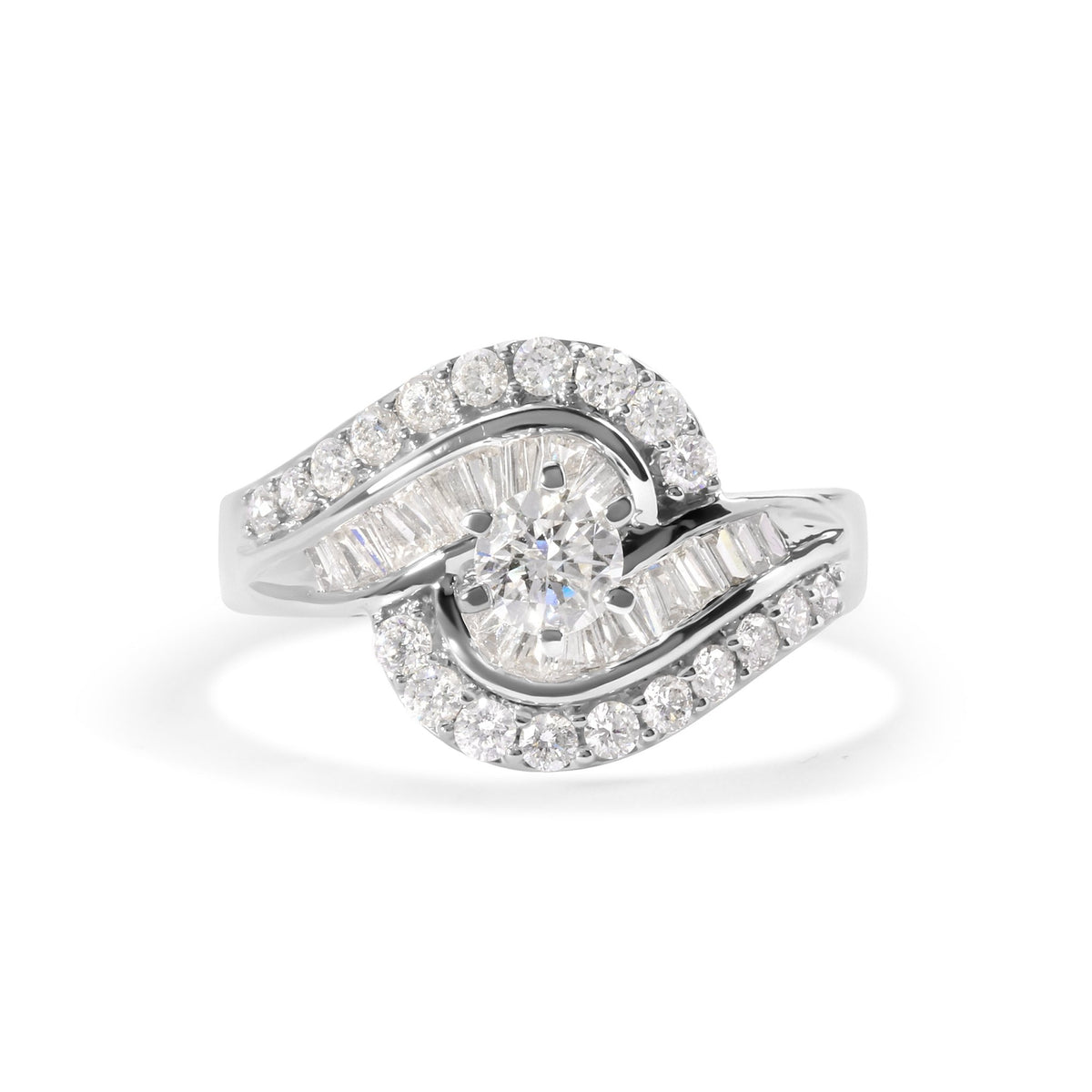 14K White Gold 1.00 Cttw Round and Baguette cut Diamond Swirl Cocktail Ring (H-I Color, SI2-I1 Clarity) - Ring Size 7 - LinkagejewelrydesignLinkagejewelrydesign