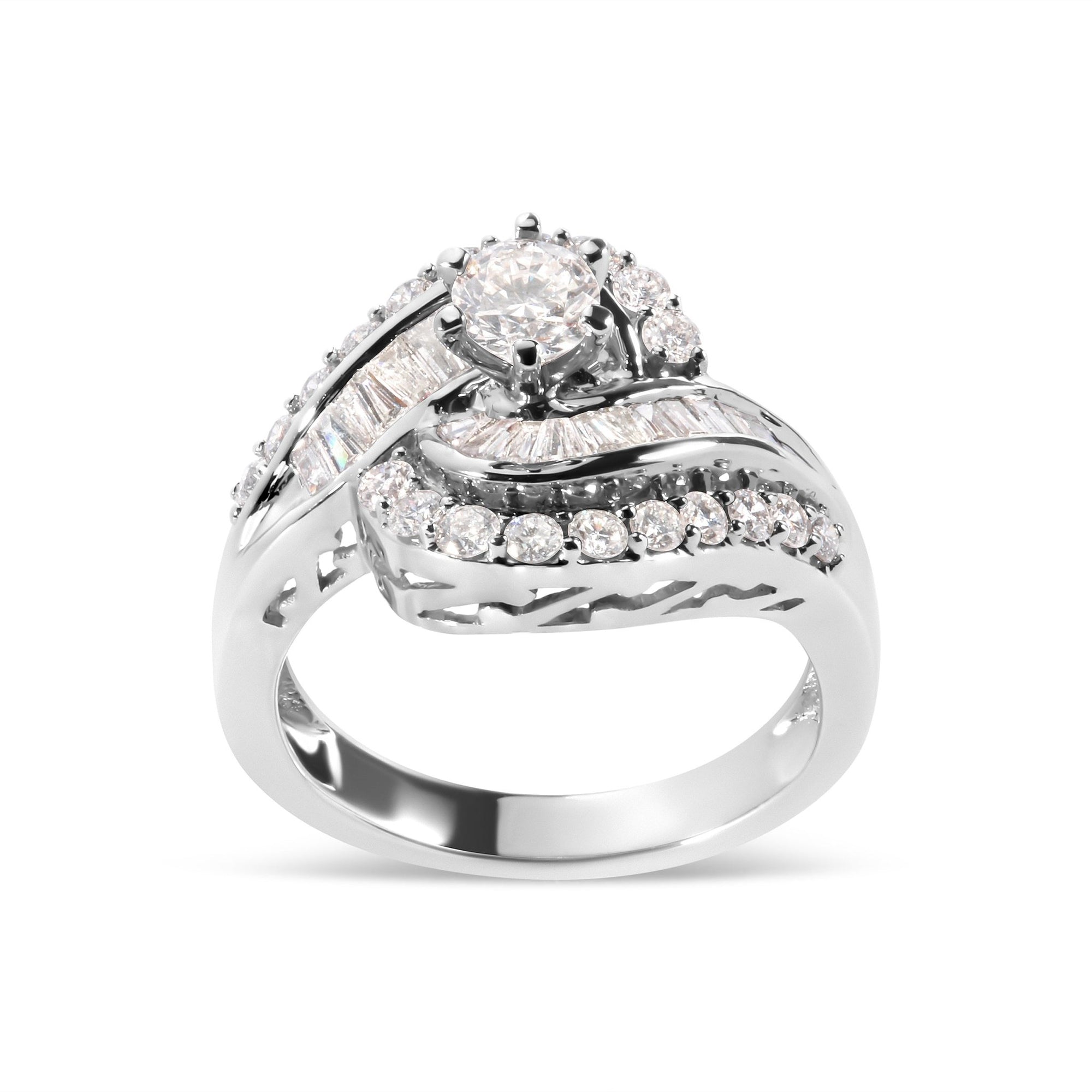 14K White Gold 1.00 Cttw Round and Baguette cut Diamond Swirl Cocktail Ring (H-I Color, SI2-I1 Clarity) - Ring Size 7 - LinkagejewelrydesignLinkagejewelrydesign
