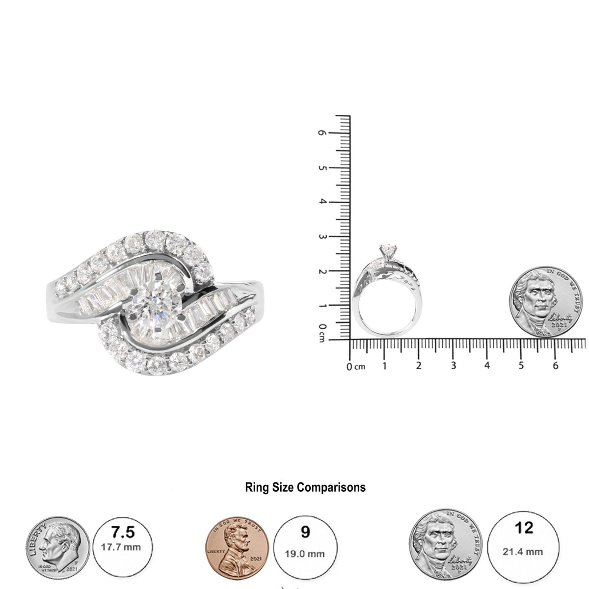 14K White Gold 1.00 Cttw Round and Baguette cut Diamond Swirl Cocktail Ring (H-I Color, SI2-I1 Clarity) - Ring Size 7 - LinkagejewelrydesignLinkagejewelrydesign