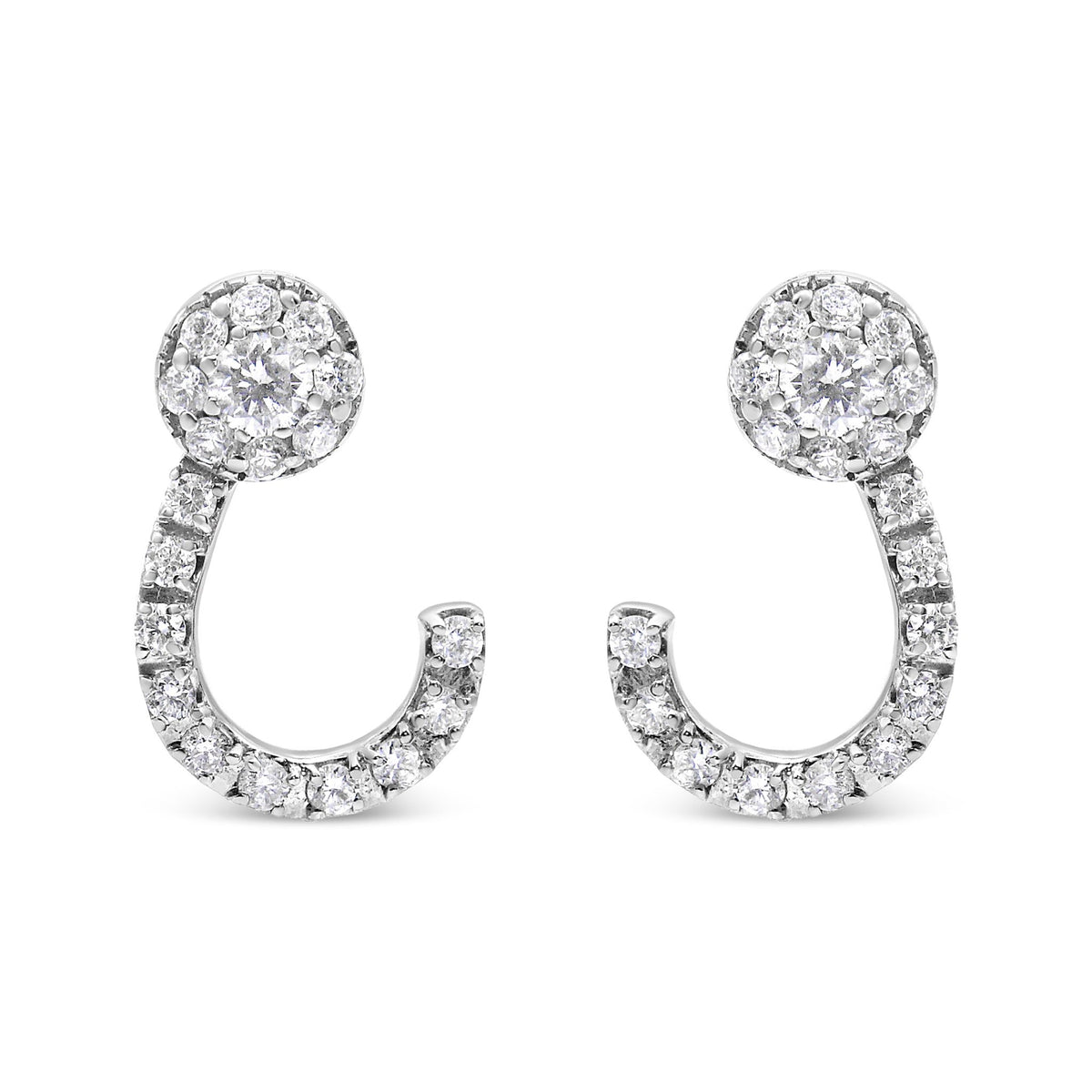 14K White Gold 1.00 Cttw Round-Cut Diamond Curved Cluster Drop Stud Earrings (G-H Color, SI1-SI2 Clarity) - LinkagejewelrydesignLinkagejewelrydesign