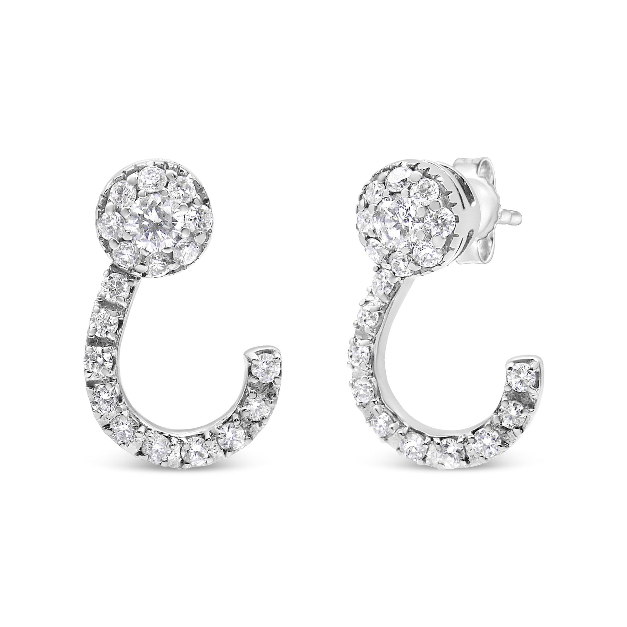 14K White Gold 1.00 Cttw Round-Cut Diamond Curved Cluster Drop Stud Earrings (G-H Color, SI1-SI2 Clarity) - LinkagejewelrydesignLinkagejewelrydesign