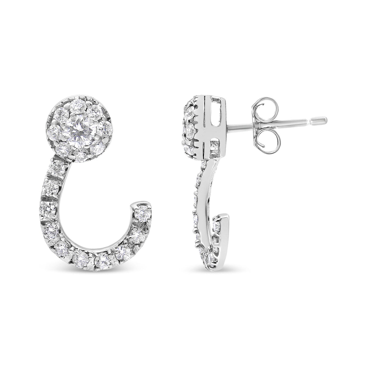 14K White Gold 1.00 Cttw Round-Cut Diamond Curved Cluster Drop Stud Earrings (G-H Color, SI1-SI2 Clarity) - LinkagejewelrydesignLinkagejewelrydesign