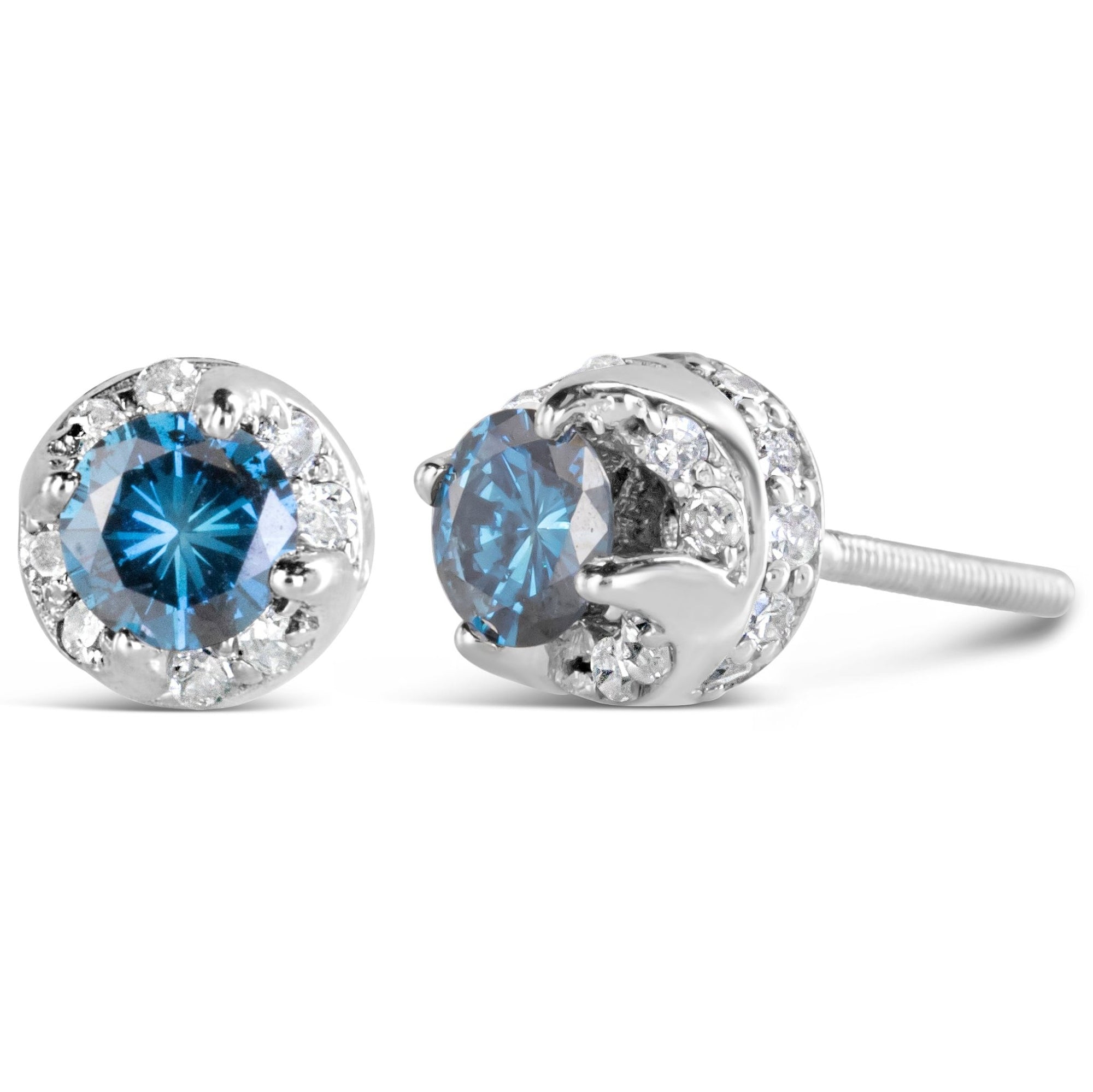 14K White Gold 1.00 Cttw Treated Blue and White Diamond Hidden Halo Stud Earrings (Blue/I-J Color, I2-I3 Clarity) - LinkagejewelrydesignLinkagejewelrydesign