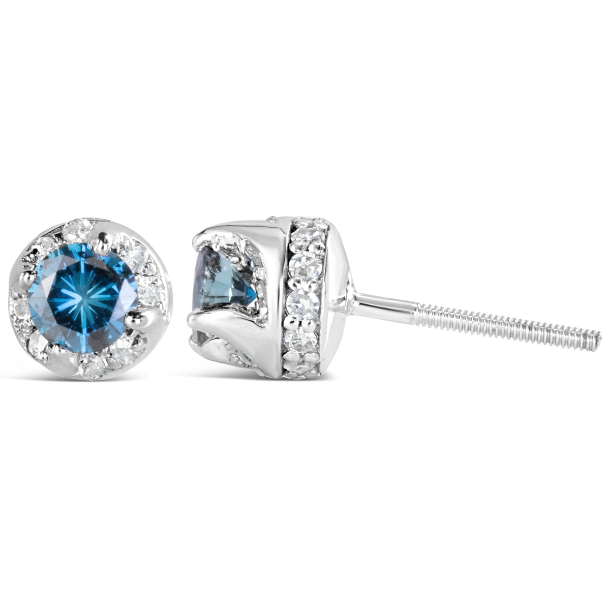 14K White Gold 1.00 Cttw Treated Blue and White Diamond Hidden Halo Stud Earrings (Blue/I-J Color, I2-I3 Clarity) - LinkagejewelrydesignLinkagejewelrydesign