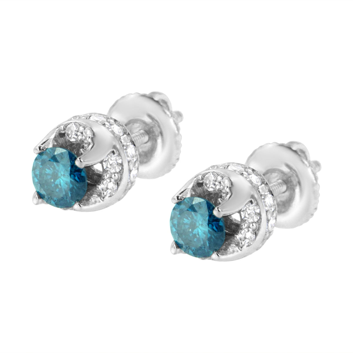 14K White Gold 1.00 Cttw Treated Blue and White Diamond Hidden Halo Stud Earrings (Blue/I-J Color, I2-I3 Clarity) - LinkagejewelrydesignLinkagejewelrydesign