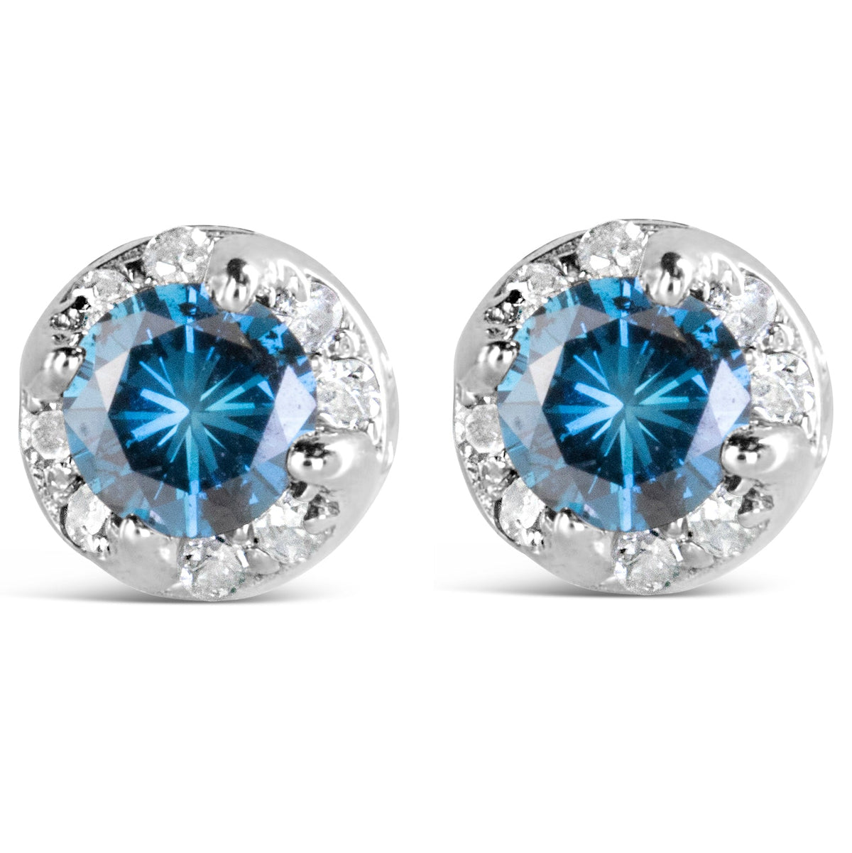 14K White Gold 1.00 Cttw Treated Blue and White Diamond Hidden Halo Stud Earrings (Blue/I-J Color, I2-I3 Clarity) - LinkagejewelrydesignLinkagejewelrydesign