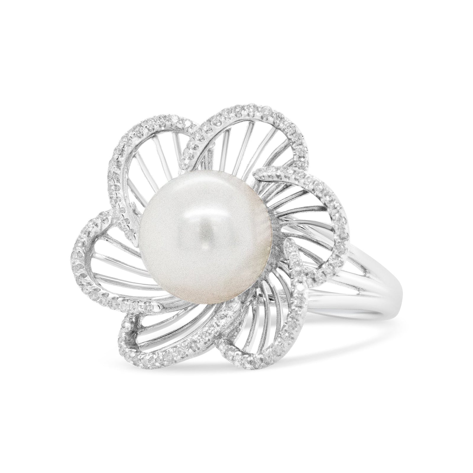 14K White Gold 11mm Round Pearl and 1/3 Cttw Round Diamond Openwork Flower Blossom Ring (H-I Color, VS1-VS2 Clarity) - Size 6.50 - LinkagejewelrydesignLinkagejewelrydesign