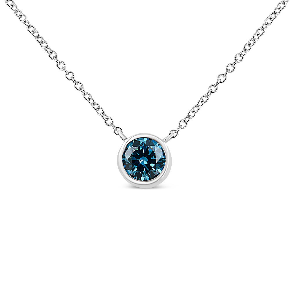 14K White Gold 1/2 Cttw Blue Lab Grown Diamond Modern Bezel-Set Solitaire 16&quot;-18&quot; Pendant Necklace (Blue Color, VS2-SI1 Clarity) - LinkagejewelrydesignLinkagejewelrydesign