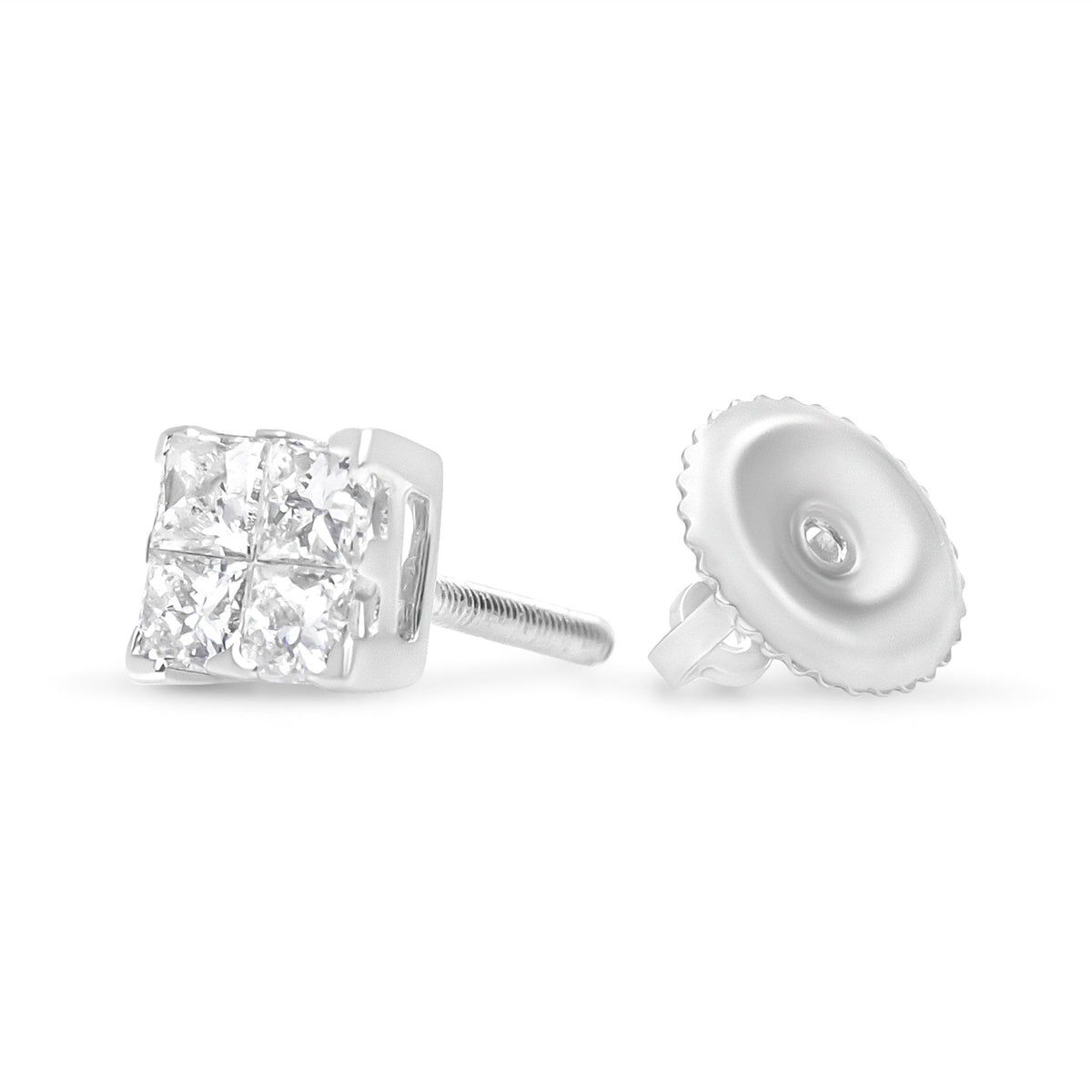 14K White Gold 1/2 Cttw Invisible-Set Princess Diamond Quad Cluster Stud Earrings (H-I Color, SI1-SI2 Clarity) - LinkagejewelrydesignLinkagejewelrydesign