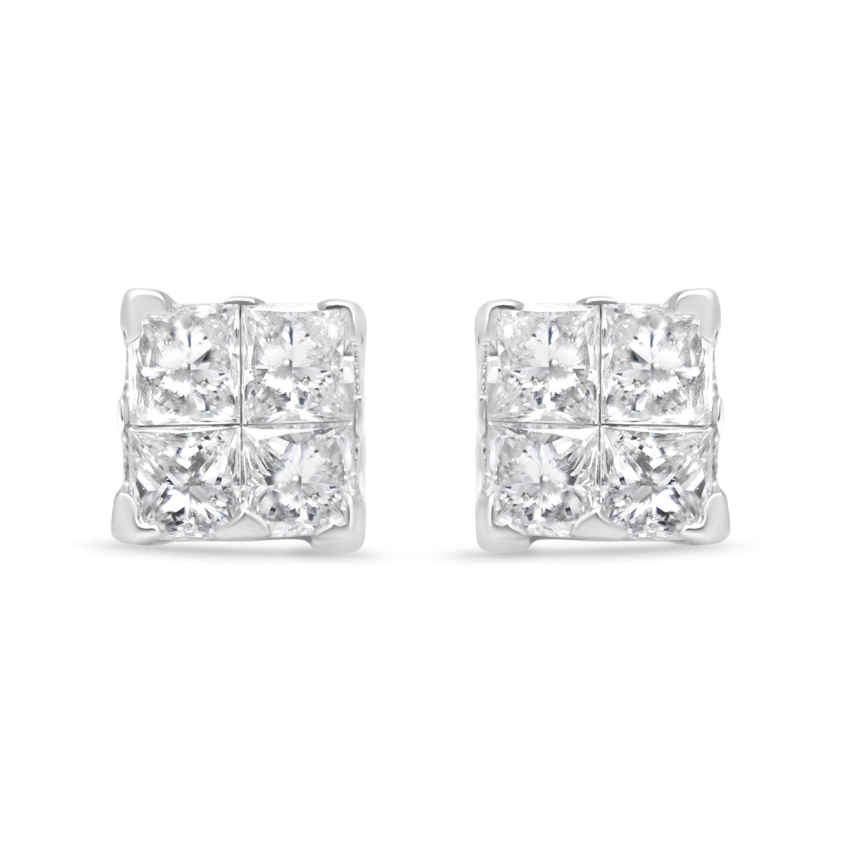 14K White Gold 1/2 Cttw Invisible-Set Princess Diamond Quad Cluster Stud Earrings (H-I Color, SI1-SI2 Clarity) - LinkagejewelrydesignLinkagejewelrydesign