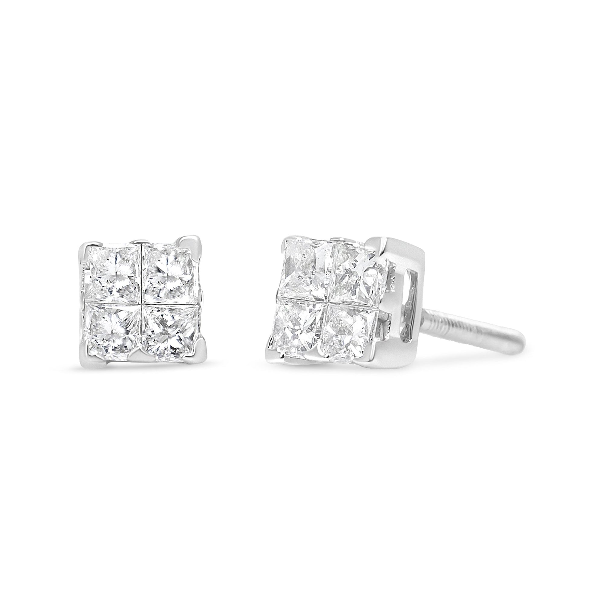 14K White Gold 1/2 Cttw Invisible-Set Princess Diamond Quad Cluster Stud Earrings (H-I Color, SI1-SI2 Clarity) - LinkagejewelrydesignLinkagejewelrydesign