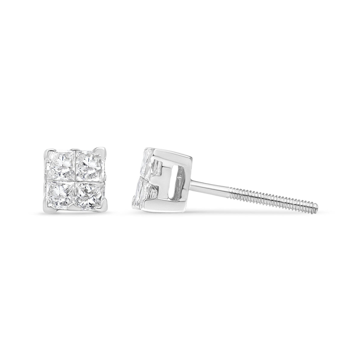 14K White Gold 1/2 Cttw Invisible-Set Princess Diamond Quad Cluster Stud Earrings (H-I Color, SI1-SI2 Clarity) - LinkagejewelrydesignLinkagejewelrydesign