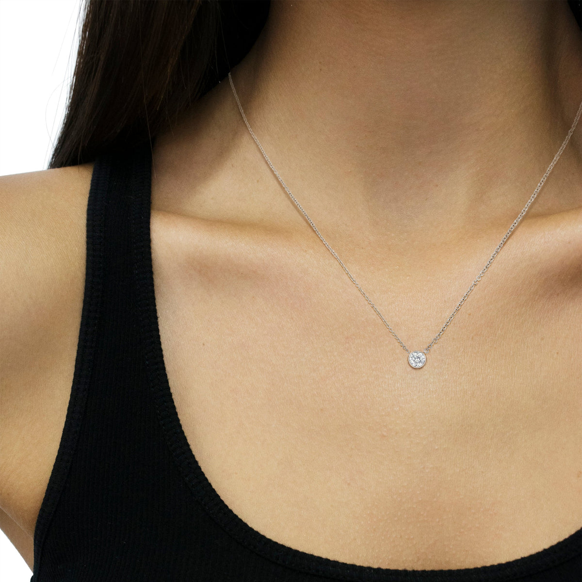 14K White Gold 1/2 Cttw Lab Grown Diamond Modern Bezel-Set Solitaire 16&quot;-18&quot; Pendant Necklace (F-G Color, VS2-SI1 Clarity) - LinkagejewelrydesignLinkagejewelrydesign