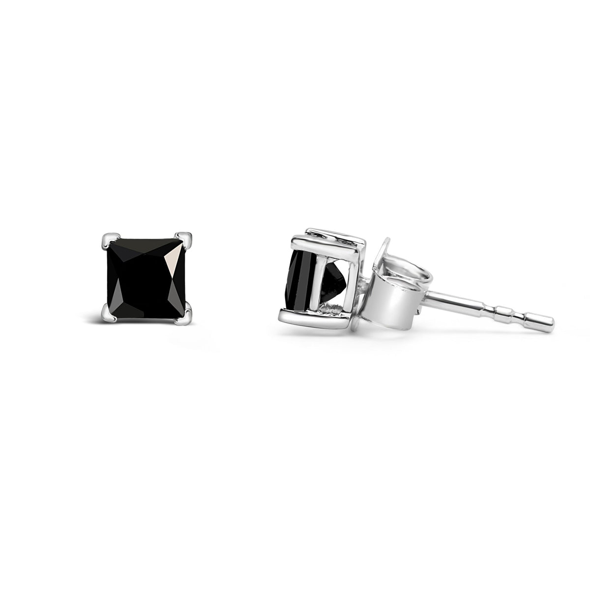 14K White Gold 1/2 Cttw Princess-Cut Treated Black Diamond Classic 4-Prong Stud Earrings with Push Backs (Fancy Color-Enhanced, I2-I3 Clarity) - LinkagejewelrydesignLinkagejewelrydesign