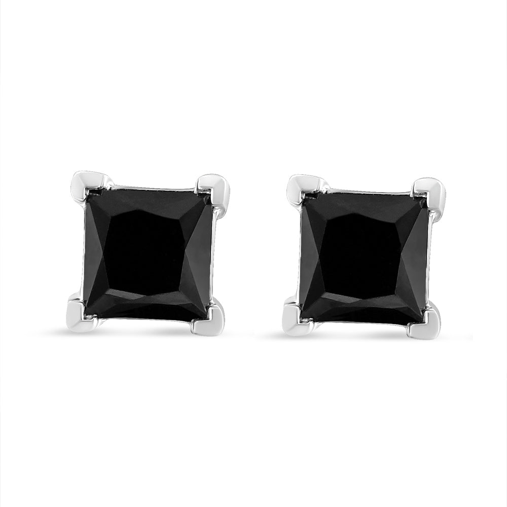 14K White Gold 1/2 Cttw Princess-Cut Treated Black Diamond Classic 4-Prong Stud Earrings with Push Backs (Fancy Color-Enhanced, I2-I3 Clarity) - LinkagejewelrydesignLinkagejewelrydesign