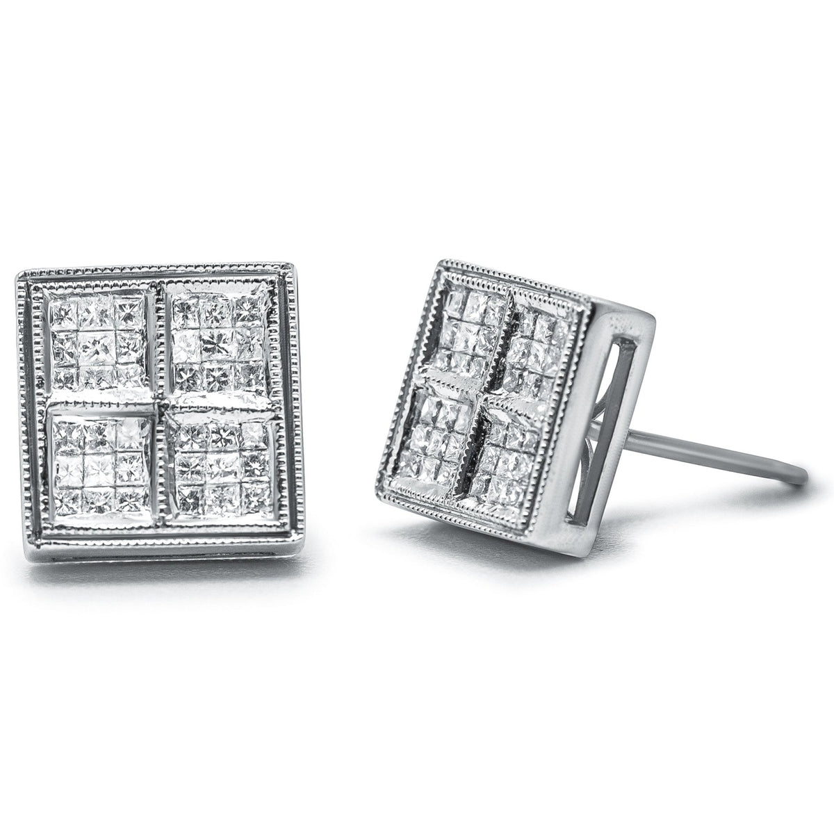 14K White Gold 1/2 Cttw Princess Diamond Composite Box Shape Milgrain Stud Earrings (H-I Color, SI1-SI2 Clarity) - LinkagejewelrydesignLinkagejewelrydesign