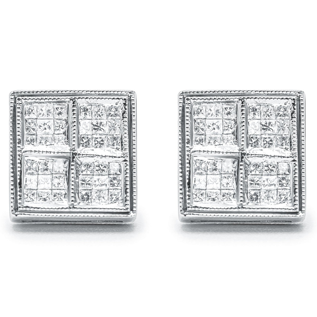 14K White Gold 1/2 Cttw Princess Diamond Composite Box Shape Milgrain Stud Earrings (H-I Color, SI1-SI2 Clarity) - LinkagejewelrydesignLinkagejewelrydesign