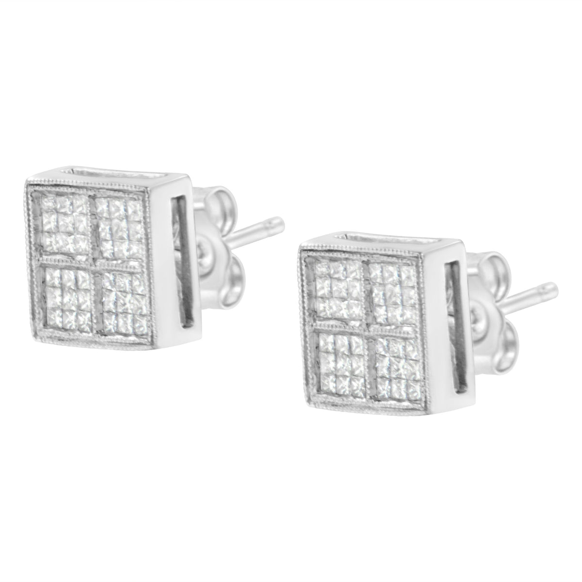 14K White Gold 1/2 Cttw Princess Diamond Composite Box Shape Milgrain Stud Earrings (H-I Color, SI1-SI2 Clarity) - LinkagejewelrydesignLinkagejewelrydesign