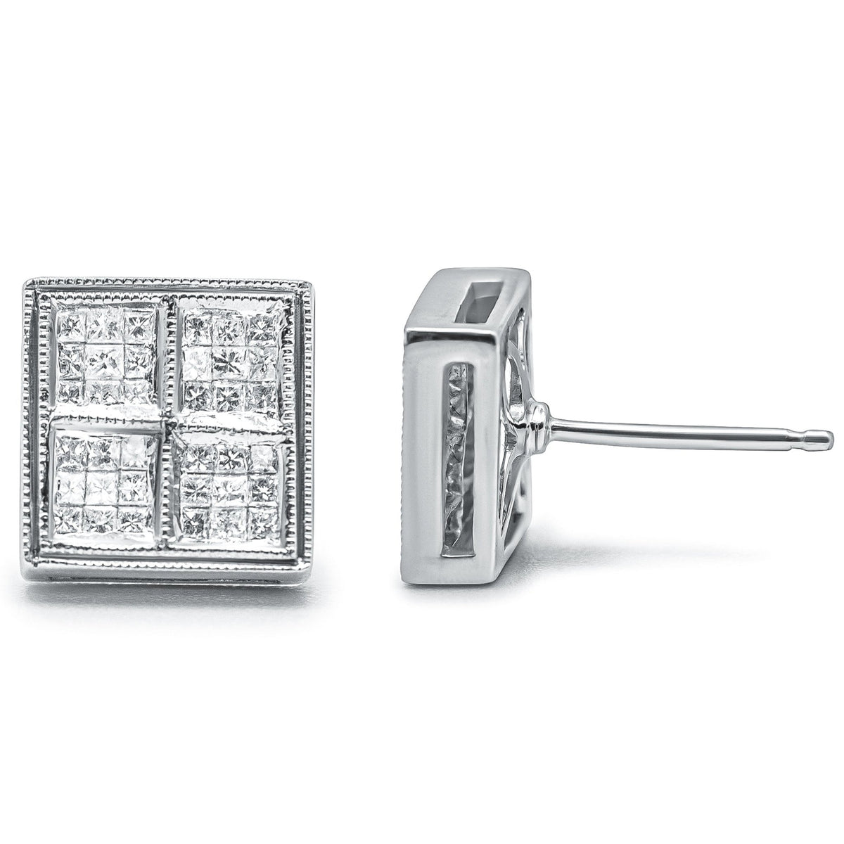 14K White Gold 1/2 Cttw Princess Diamond Composite Box Shape Milgrain Stud Earrings (H-I Color, SI1-SI2 Clarity) - LinkagejewelrydesignLinkagejewelrydesign