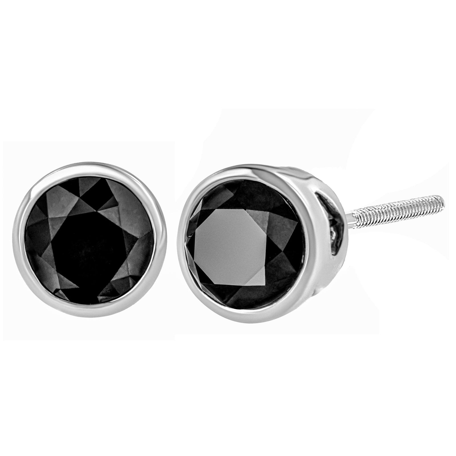 14K White Gold 1/2 Cttw Round Brilliant-Cut Black Diamond Bezel-Set Stud Earrings with Screw Backs (Fancy Color-Enhanced, I2-I3 Clarity) - LinkagejewelrydesignLinkagejewelrydesign
