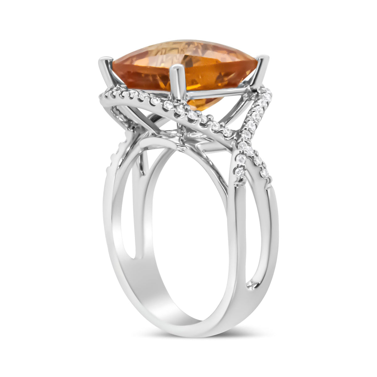 14K White Gold 12mm Cushion Cut Yellow Citrine Gemstone and 1/3 Cttw Round Pave-Set Diamond Ring - (H-I Color, VS1-VS2 Clarity)- Size 6.5 - LinkagejewelrydesignLinkagejewelrydesign