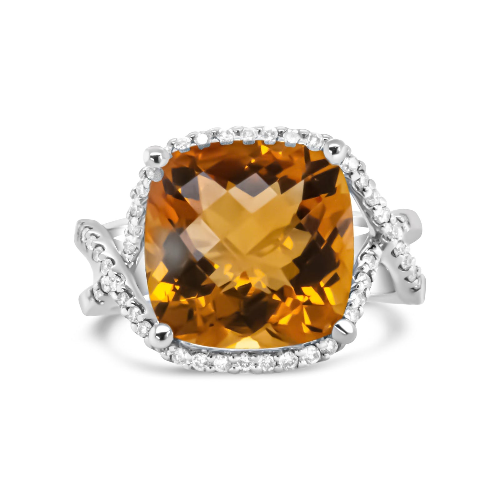 14K White Gold 12mm Cushion Cut Yellow Citrine Gemstone and 1/3 Cttw Round Pave-Set Diamond Ring - (H-I Color, VS1-VS2 Clarity)- Size 6.5 - LinkagejewelrydesignLinkagejewelrydesign