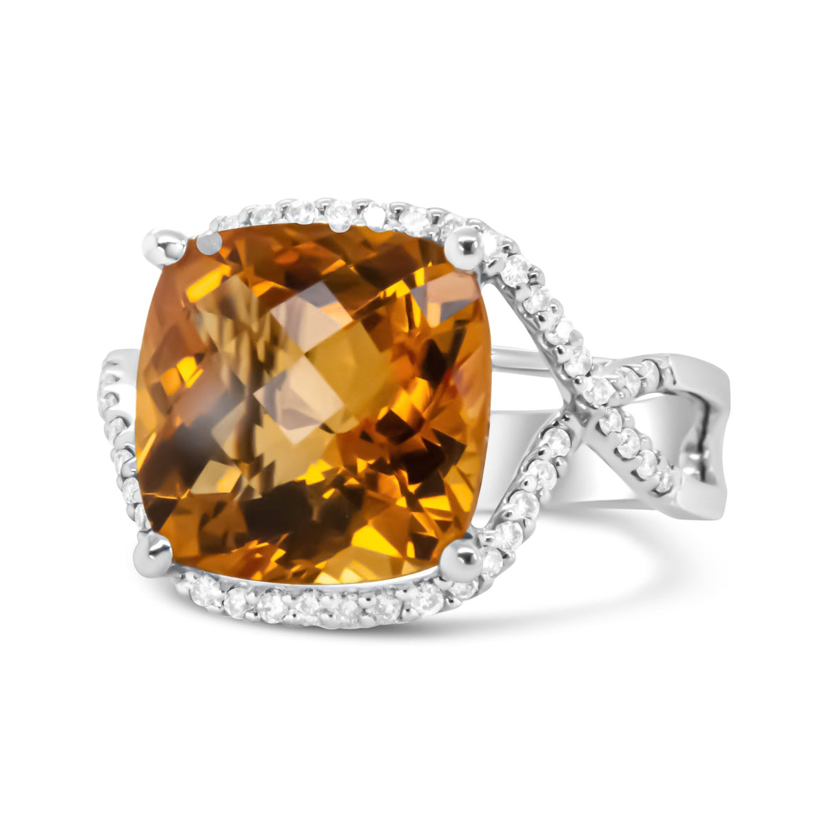 14K White Gold 12mm Cushion Cut Yellow Citrine Gemstone and 1/3 Cttw Round Pave-Set Diamond Ring - (H-I Color, VS1-VS2 Clarity)- Size 6.5 - LinkagejewelrydesignLinkagejewelrydesign