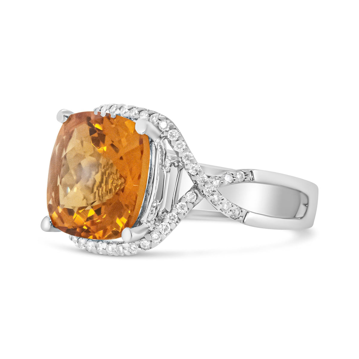 14K White Gold 12mm Cushion Cut Yellow Citrine Gemstone and 1/3 Cttw Round Pave-Set Diamond Ring - (H-I Color, VS1-VS2 Clarity)- Size 6.5 - LinkagejewelrydesignLinkagejewelrydesign